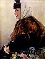Portrait of young woman in fur coat with muff, 1890, surikov