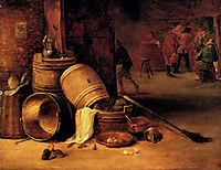 An interior scene with pots, barrels, baskets, onions and cabbages with boors carousing in the background, teniers