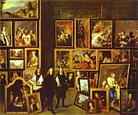 Archduke Leopold Wilhelm in his Picture Gallery, with the artist and other figures, 1653, teniers