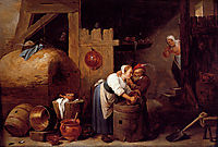 Interior scene with a young woman scrubbing pots while an old man makes advances, c.1645, teniers
