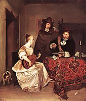 A Young Woman Playing a Theorbo to Two Men, c.1668, terborch