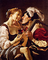 A Luteplayer Carousing With A Young Woman Holding A Roemer, terbrugghen