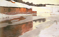 A Factory Building near an Icy River in Winter, thaulow