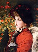 Type of Beauty: Portrait of Mrs. Kathleen Newton in a red dress and black bonnet, 1880, tissot