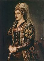 Portrait of Caterina Cornaro (1454-1510) wife of King James II of Cyprus, dressed as St. Catherine, 1542, titian