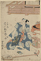 Actor Ichikawa Ebijuro, seated on floor with shamisen at his feet, 1818, toyokuni