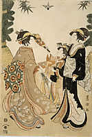 Three Beauties Playing Battledore and Shuttlecock, c.1800, toyokuni