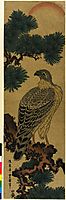 Kachoga. Falcon on a pine branch, rising sun above, toyokuniii