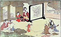 A monkey trainer performing at a noblemans house,, c.1788, utamaro