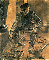 An Old Man Putting Dry Rice on the Hearth , 1881, vangogh
