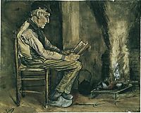 Farmer sitting at the fireside and reading, 1881, vangogh