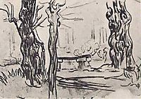 Garden of the Asylum and Tree Trunks and a Stone Bench, 1889, vangogh