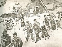 People Walking in Front of Snow-Covered Cottage , 1890, vangogh