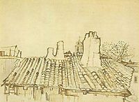 Tiled Roof with Chimneys and Church Tower, 1888, vangogh