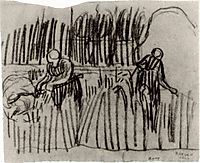 Two Women Working in Wheat Field, 1890, vangogh