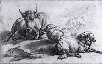 A Cow and Three Sheep, veldeadriaen