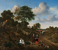 Portrait of a couple with two children and a nursemaid in a landscape , 1667, veldeadriaen