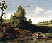 A landscape with travellers crossing a bridge before a small dwelling, veldeesaias