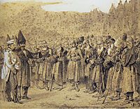 Presentation of the bosses (Russian officer and Caucasians), 1864, vereshchagin