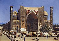 Shir Dor madrasah in Registan Square in Samarkand, 1870, vereshchagin