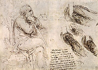 A seated man, and studies and notes on the movement of water, c.1510, vinci
