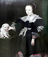 Portrait of an eleven year old girl with a dog, dressed in Spanish fashion, vos