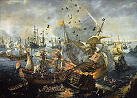 The explosion of the Spanish flagship during the Battle of Gibraltar, 25 April 1607 (attributed by some to Vroom), vroom