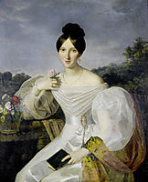 A lady in a white dress and shawl before a Viennese landscape, waldmuller