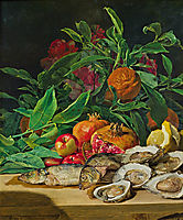 Still life with ostriches, fish and exotic fruit , 1842, waldmuller