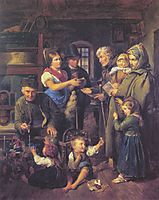 A traveling family of beggars is rewarded by poor peasants on Christmas Eve , 1834, waldmuller