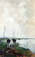 A Cow Standing By The Waterside In A Polder, weissenbruch
