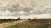 Figures On A Country Road, A Church In The Distance, weissenbruch