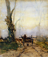 Man on a cart in wood, weissenbruch
