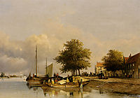 Townsfolk on a quay, Wijk Bij Duursrede, 1847, weissenbruch