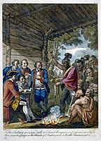 The Indians giving a talk to Colonel Bouquet in a conference at a council fire, near his camp on the banks of Muskingum in North America in Oct. 1764, west