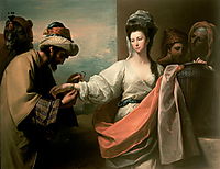 Isaac-s servant trying the bracelet on Rebecca-s arm, west