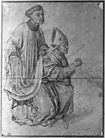 Bishop kneeling, in profile, swinging a censer, accompanied by a clerk, weyden