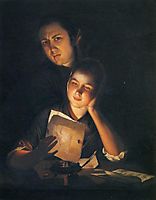 A Girl reading a letter by Candlelight, with a Young Man peering over her shoulder, 1762, wright