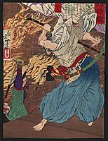 Oda Nobunaga fighting with another warrior whom he knocks off a building into a raging inferno, 1880, yoshitoshi