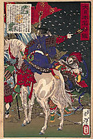 A print depicting Sakanoue no Tamuraro, commanding in the middle of battle, 1876, yoshitoshi