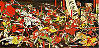 Tokugawa with help from the Jodo monks of the Daijuji temple in Okizaki, defeats the Ikkō ikki at the battle of Azukizaka, yoshitoshi