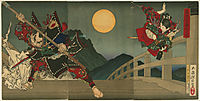 Ushiwaka and Benkei duelling on Gojo Bridge, yoshitoshi