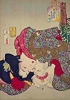 A young woman from Kansei period playing with her cat, 1888, yoshitoshi